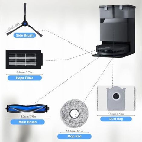 Kit d'accessoires de rechange pour Ecovacs Deebot T50 Omni / T50 Pro Omni aspirateur robot, 1 brosse à rouleau, 4 filtres, 4 lingettes, 4 sacs à poussière, 4 brosses latérales (1/4)