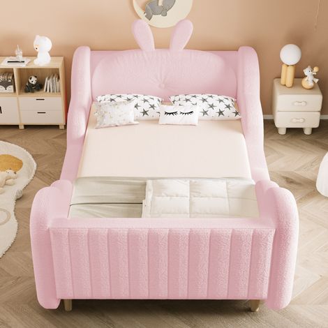 Letto per bambini imbottito moderno 90x200 cm, tessuto teddy rosa, con testiera e cuscino a coniglio, sponde a nuvola, rete a doghe (1/5)