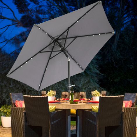 2.5M Round LED Lights Outdoor Garden Parasol Umbrella Sun Shade w/ Crank&Tilt Grey (1/5)