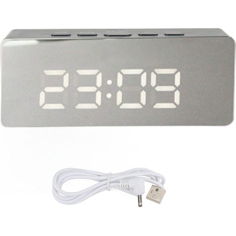 Réveil numérique LED HD grand écran miroir noir, alimentation secteur ou piles, horloge digitale pour maison (1/5)