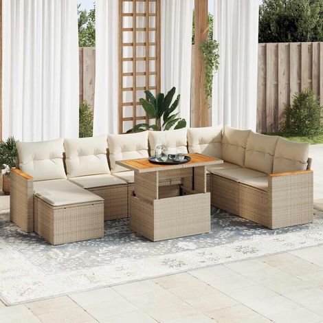 9 Piece Garden Sofa Set with Cushions Beige Poly Rattan Acacia vidaXL (1/5)
