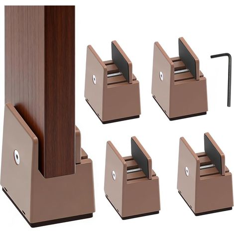 Rehausseurs de Meubles Réglables, Lot de 4 Rehausseurs de Meubles de 5 cm avec Pince à vis, pour Rehausseur de Meubles Carrés de 10 à 37 mm de Large, pour Lit, Table, Chaise (Brun) (1/2)