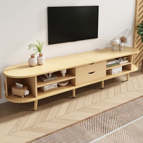 Mobile TV in legno con 2 cassetti, piano tondo in MDF effetto venatura del legno, portata 30 kg, 175 x 40 x 42 cm, rovere (1/5)