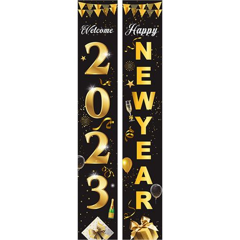 Paire de guirlandes de porte Nouvel An 2023, bannière dorée et noire, décoration maison, tissu polyester 100D (style 1)