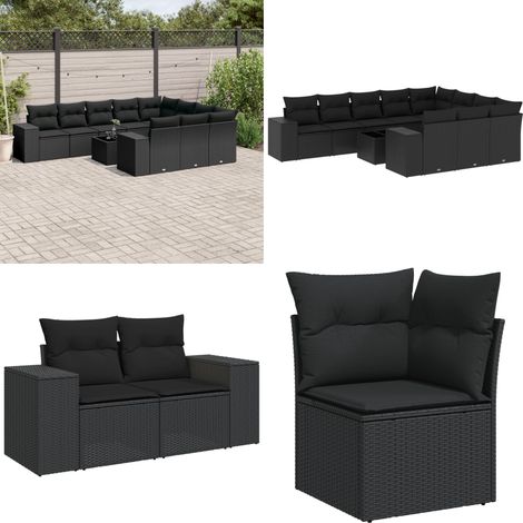 Set Divani da Giardino 11 pz con Cuscini in Polyrattan Nero - Sedute da esterno - Cuscini da giardino