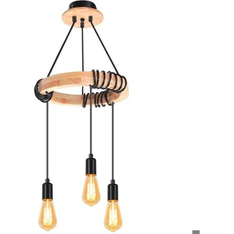 Suspension Luminaire Industriel, Plafonnier lustre en Bois E27, Luminaire Plafonnier Vintage Noir Réglable en Hauteur pour (1/5)