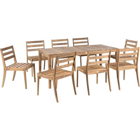 Set da pranzo da giardino rustico in legno di acacia certificato con 8 sedie e tavolo marrone chiaro Chioggia