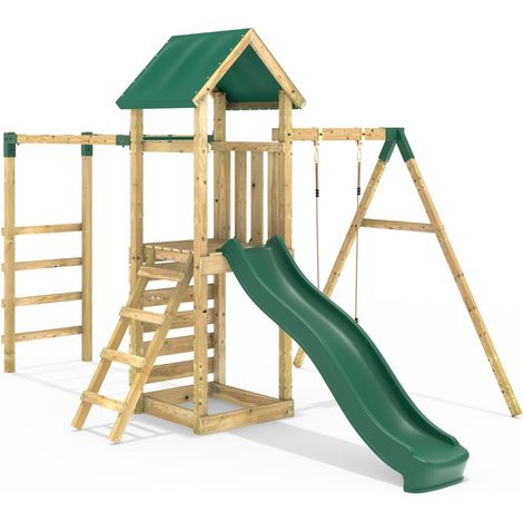 Rebo Adventure Wooden Climbing Frame with Monkey Bar, Swings & Slide - Arvon
