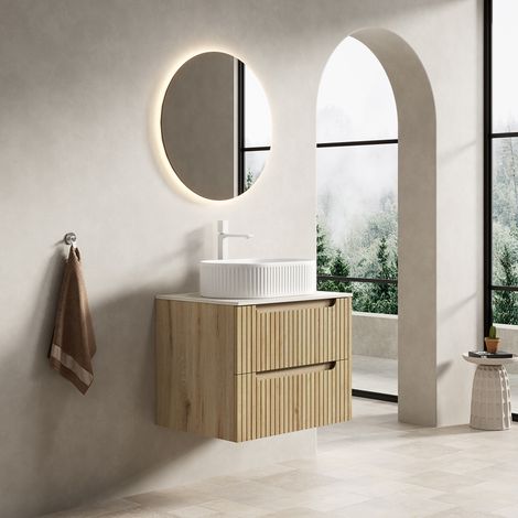 Badezimmer Waschtisch (60.0x46.0x62.2 cm), mit ovalem Keramikbecken, 2 Soft Close Schubladen, Sinterstein, Weiß (1/5)