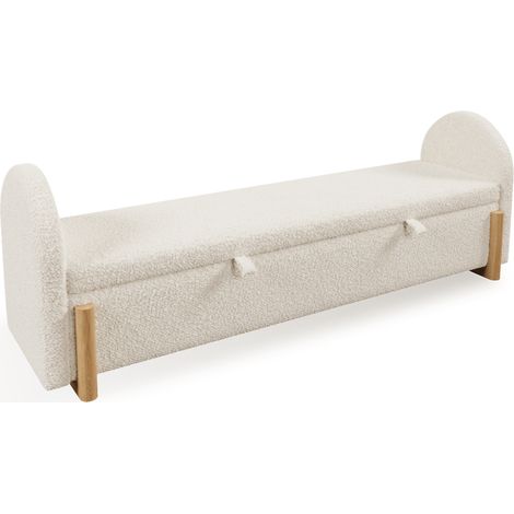 Gepolsterte Aufbewahrungsbank, 166 cm, weißes Bouclé, Holzbeine, Soft-Close (1/5)