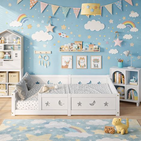 Lit enfant 140x200 cm, lit au sol montessori avec barrière de sécurité et sommier à lattes – bois massif de pin – pour chambre garçon et fille – blanc (1/5)