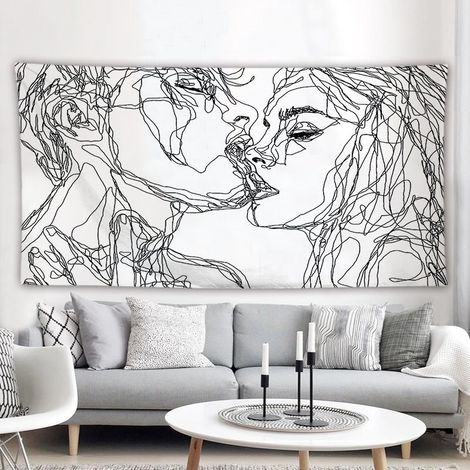 130cmX150cm Hommes Femmes Soulful Résumé Croquis Tapisserie Murale Tapisserie d'amoureux s'embrassant Tapisserie Murale dortoir Chambre Salon (1/5)