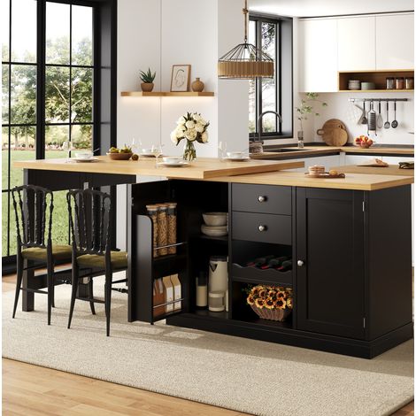 Îlot de cuisine extensible 120x40x74 cm en MDF noir, avec rangement pour cuisine FloraGrace (1/5)