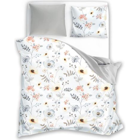 Linge de lit élégant en satin 160x200 cm, motif fleurs printanières (1/2)