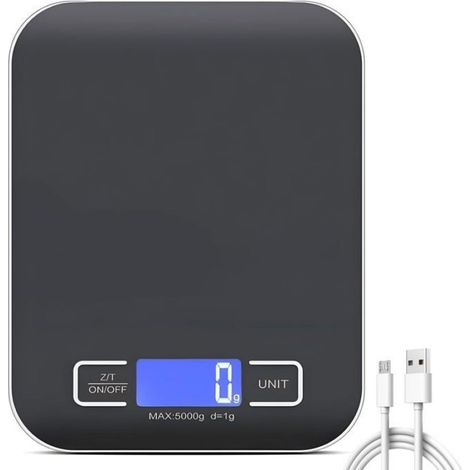 Balance De Cuisine - 10 Kg / 1 G - Ecran Led Rétroéclairé - Fonction Tare - USB Rechargeable - Pour Pâtisserie Et Cuisine - Noir (1/5)