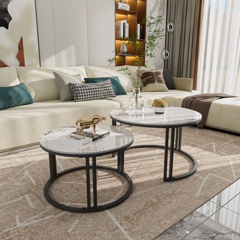 Set of 2 Nesting Round Sintered Stone Coffee Table Jade Ice White Slate Accent Tables with Reinforced Metal Frame