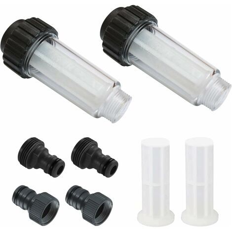 Filtre à eau pour tuyau d'arrosage – Lot de 2 pièces 3/4 pouces – Préfiltre avec 4 cartouches filtrantes et 2 raccords rapides – Protection nettoyeurs haute pression (1/5)