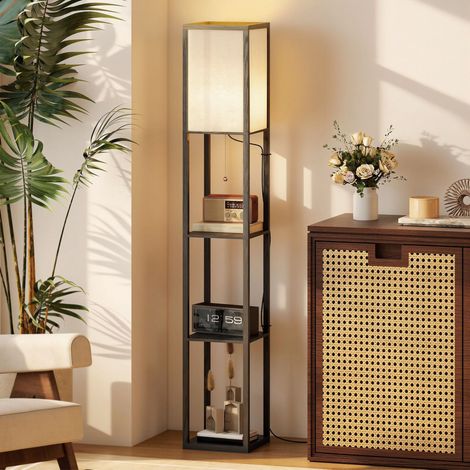 Lampadaire avec étagères, en bois, 26 x 26 x 160 cm, pour salon/chambre (ampoule non incluse) (1/5)