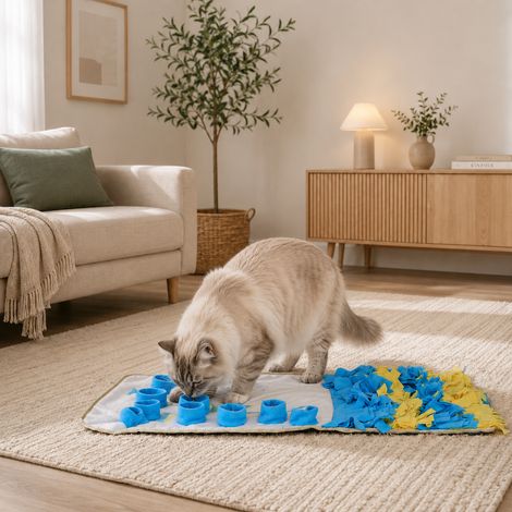belviona Schnüffelmatte für Katzen, Teppich für Leckerlis und Trockenfutter, fördert Geruchssinn & Konzentration, 100x60 cm gelb/blau (1/5)