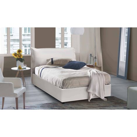 Dmora - Cama de plaza y media Dabba, Cama contenedor con tapizado en ecopiel, 100% Made in Italy, Apertura frontal, adecuado para colchón Cm 120x190, Blanco (1/5)