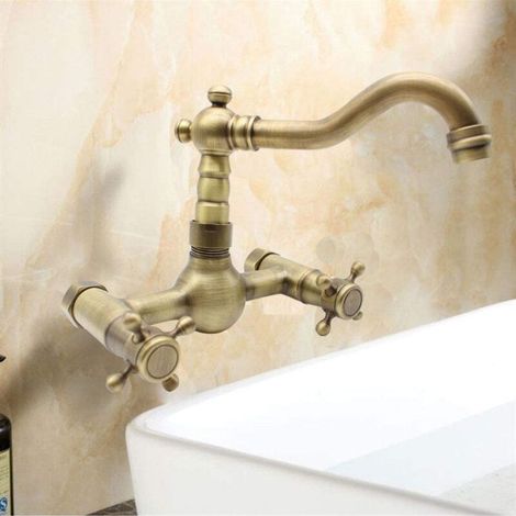 YMYNY Robinet de lavabo de douche mural Salle de bain Rétro Laiton Antique Maison de campagne Élégant Flair Robinet de lavabo Robinet mitigeur Style campagnard Robinet mitigeur à deux poignées Lavabo
