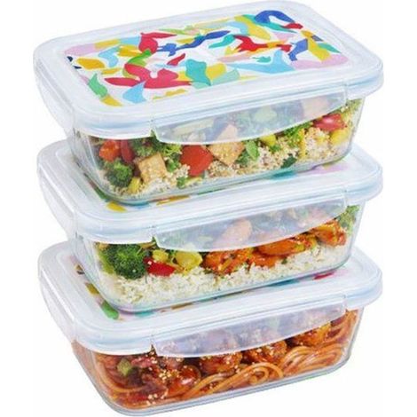 Lunch box - PYREX - Set di 3 scatole in vetro - Rettangolare - Coperchio ermetico - Design astratto - 0.80 L