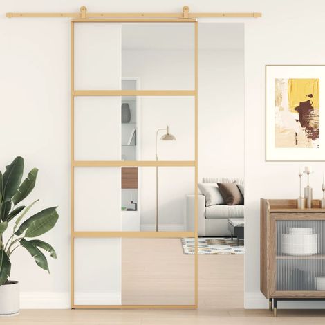 Vidaxl – Porte coulissante dorée 90x205 cm – Verre ESG clair – Cadre aluminium robuste – Coulissement silencieux – Design moderne
