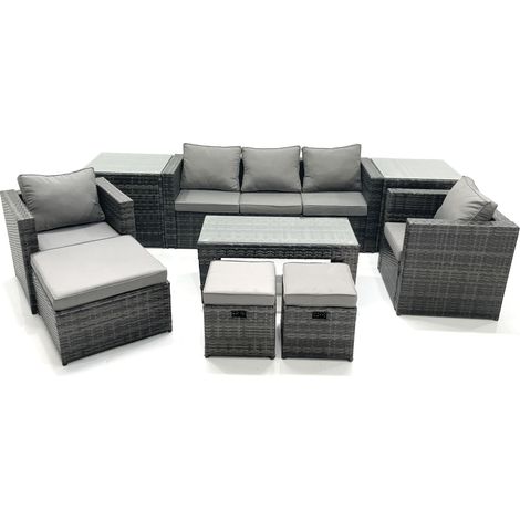 Fimous 8 places Salon de jardin Ensemble de canapés en rotin avec Table basse 2 Fauteuil 3 Tabourets 2 Tables d'appoint Gris foncé mixte (1/5)