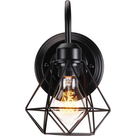Applique murale industrielle E27 abat-jour métal support bois salon couloir bar noir (1/4)