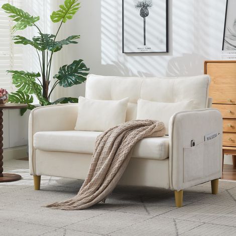 Sofá 2 plazas en tejido chenilla con reposabrazos y bolsillos laterales, beige DESVIAE (1/5)