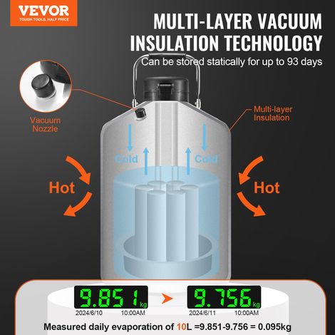 Réservoir d'Azote Liquide 10 L, Conteneur d'Azote Liquide en Alu, Dewar de Stockage de LN2, 6 Bidons, avec Sac de Transport et Sang… (1/5)