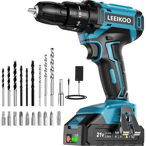 Perceuse Visseuse Sans Fil 21V, Visseuse Devisseuse Sans Fil avec Batterie 2.0Ah, 42N.m Perceuse Visseuse, 18+1 Réglages de Couple, 2 Vitesses, LED, 20 Accessoires, pour le Bricolage (1/5)