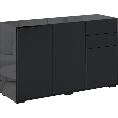 Modernes Sideboard mit 2 Schubladen und 3 Türen, verstellbarem Einlegeboden aus schwarzer Spanplatte, Maße 117x36x74 cm.