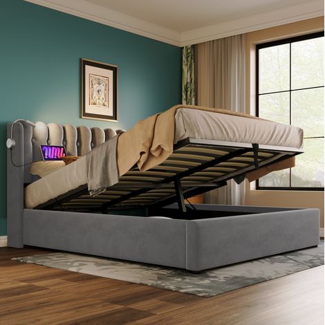 MEUBLIV Lit simple en velours gris avec liseuse et port USB tête de lit rembourrée avec coffre de rangement et sommier à lattes 90 x 200 cm (1/5)