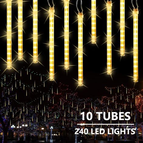 Guirlande Lumineuse Noël Exterieure 30cm 10 Tube 240 LED Météores Pluie Lumières Étanche Guirlande Noël Décoration pour Intérieur, Sapins,Balcon,Fête,Mariage(Blanc Chaud) [Classe énergétique A]