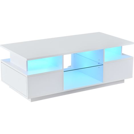 Table basse 100 × 50 × 36 cm avec 2 tiroirs – Table d'appoint LED brillante – Table basse avec espace de rangement ouvert, cloison en verre – Table à thé – Table de canapé – Table de salon – Blanche (1/5)
