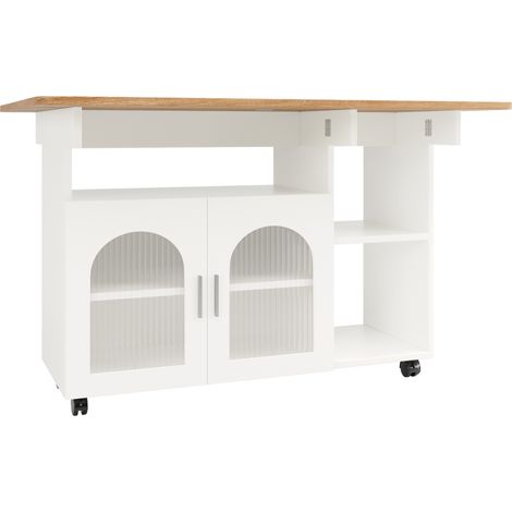 Isla de cocina con ruedas y encimera abatible de MDF y vidrio, 120 x 30 x 79,5 cm, blanca, HOMVRA (1/5)
