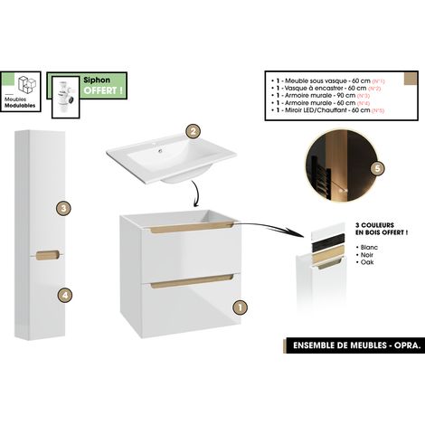 Ensemble complet de salle de bain - Meuble - Armoires - Miroir - Vasque à encastrer avec Siphon OFFERT OPRA 60 x 60 x 45 cm (1/5)