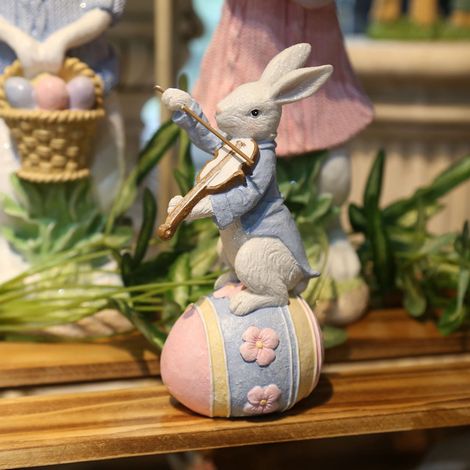 Figurine Lapin De Pâques - Musicien Violon - Base Œuf Décoré - Décoration Intérieure Printemps - Lot De 2 (1/3)