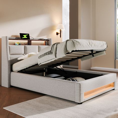 Bett mit Stauraum Leinen Hellbeige 90x200 cm, mit LED, USB und Lattenrost