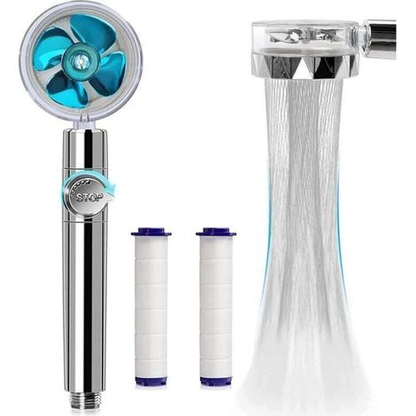 Hochdruck-Wasserspar-Duschkopf, 360° drehbare Handbrause mit Filter, Turbo-Duschkopf mit Ventilator und Schalter (blau) - Crezuo