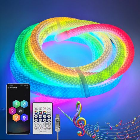 Bandeau Lumineux LED Néon RGBIC Texture Écaillée 360 Degrés, Contrôle Bluetooth Musique USB 5V 24 Touches, 5M Facile à Installer (1/5)
