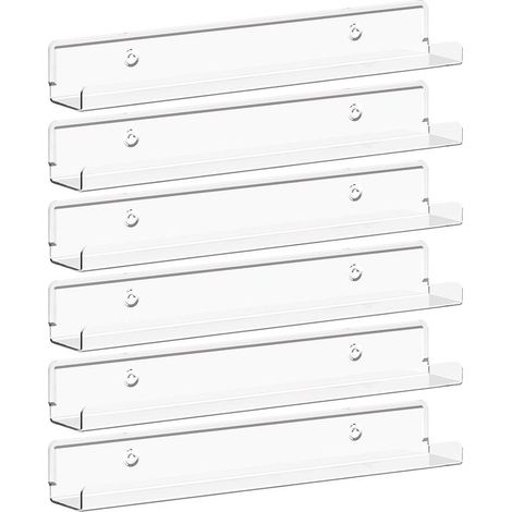 Floating record shelves, set of 6 transparent acrylic wall shelves (38 cm), decoration for books, photos, makeup, bedroom, living room, bathroom, storage and organization (1/5)