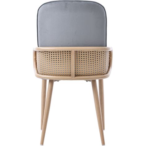 Chaise de salle à manger en velours, lot de 2, design en rotin, pour salon et chambre, avec quatre pieds en métal (effet grain de bois), gris (1/5)