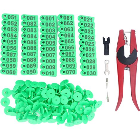 Kit d'étiquettes auriculaires pour bétail, 100 ensembles, numéro d'animal avec applicateur pour bétail, cheval, cochon, mouton, vert, rouge, pince à 2 aiguilles (1/5)