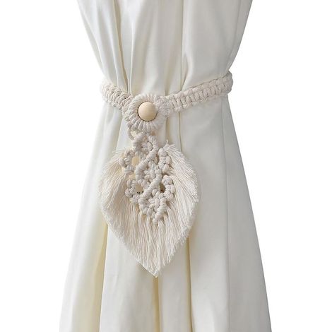 Lot de 2 supports de cravates de rideau bohème, fabriqués à la main, en corde de coton tissées à la main, blanc cassé (1/5)