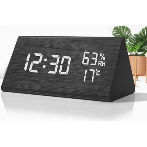 Réveil Numérique en Bois, Reveil Bois avec 3 Réglages d'Alarme, LED Réveil Électronique avec Heure et Température, Contrôle du Son (1/3)