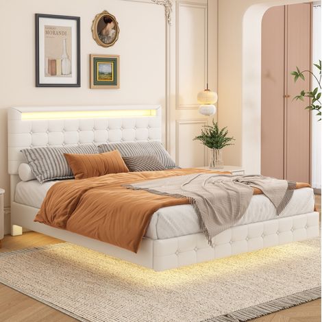 lit adulte 140x200 LED flottant PU blanc chambre design HAVRYA (1/5)