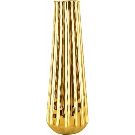 Vase décoratif de table en céramique doré brillant motif vagues 10,5 x 10,5 x 35,5 cm - PANGIVO (1/3)