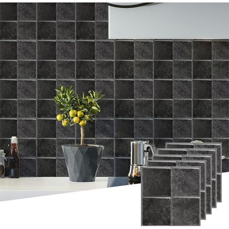Lot de 10 à décoller et à coller panneaux muraux 3D étanches bibliothèque de cuisine et de salle de bain Adhésif décoratif 22.9 x 22.13 cm Noir (1/5)